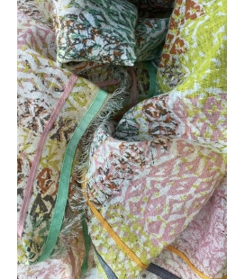 Foulard lin carre jaune et rose 